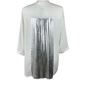 Chico’s Metallic Pleats Tenna II 3/4 Sleeve Blouse 1 Optic White Silver